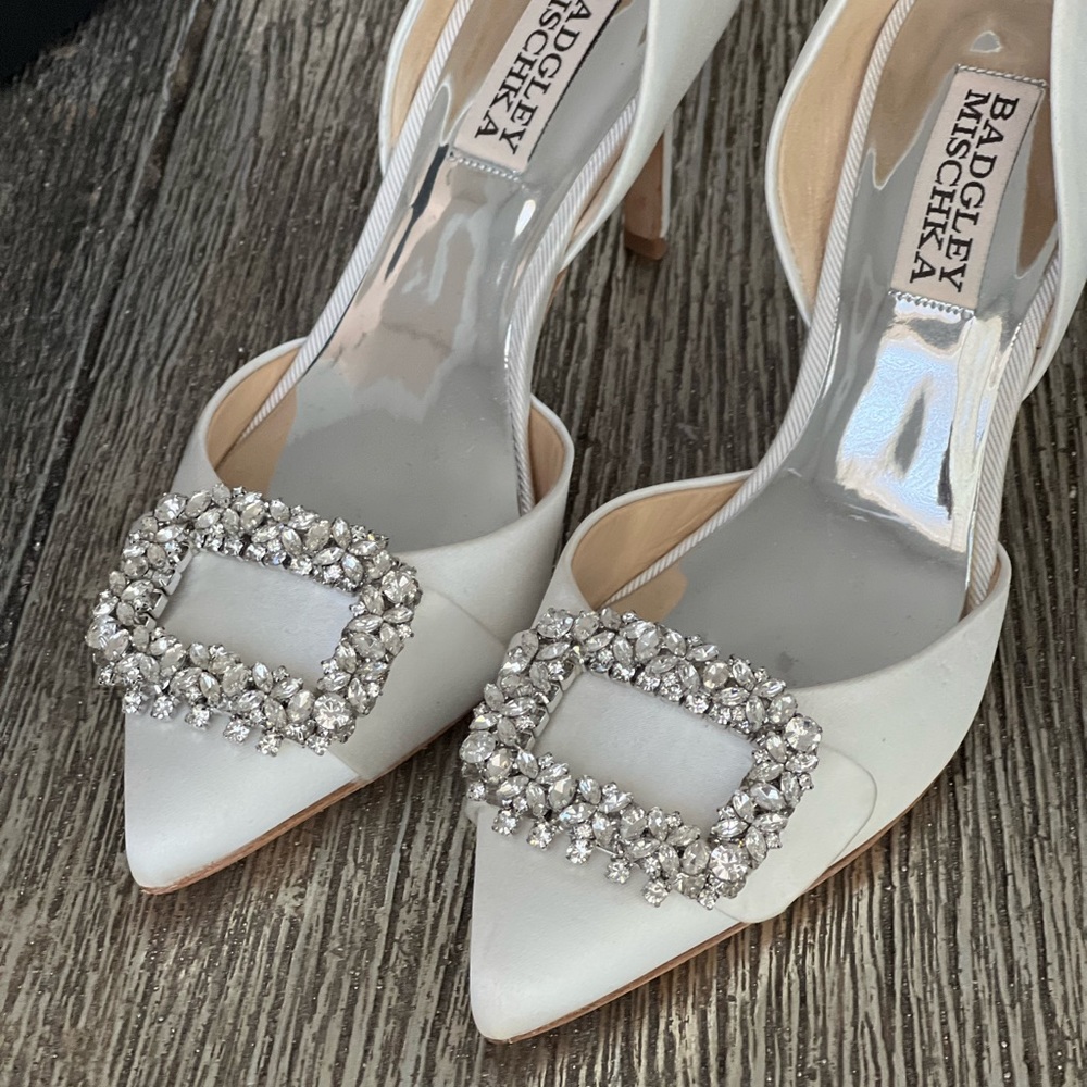 Badgley Mischka White Heels with Silver Embellishments